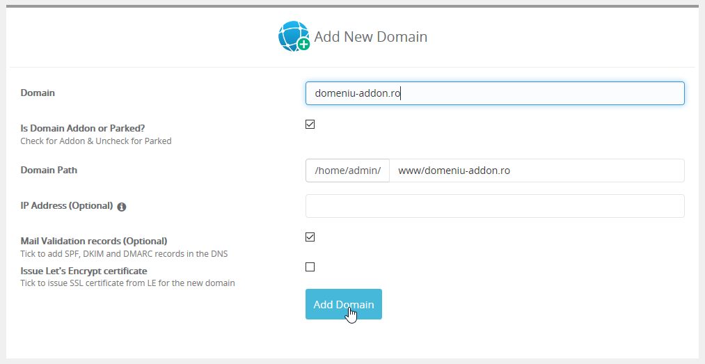 Add New Domain Webuzo