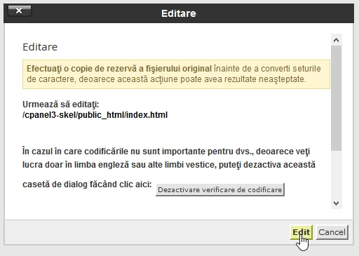 Fereastra de confirmare buton edit